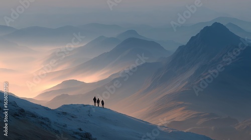 Tiny family figures walking against vast mountain landscape with ethereal lighting, nature exploration