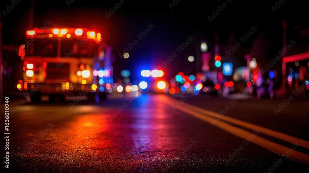 Fototapeta premium Emergency vehicles with flashing lights respond at night on a city street, illuminating the road with red and blue reflections
