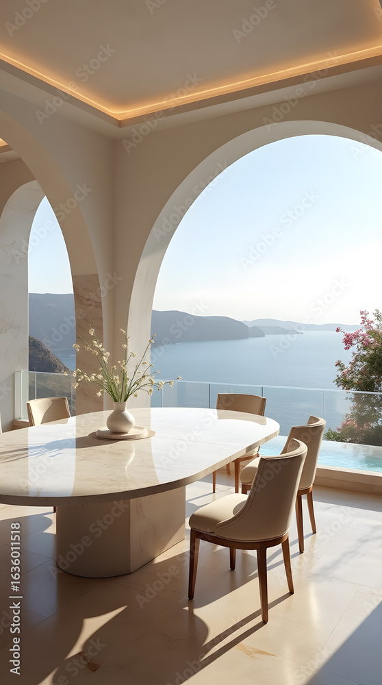 Obraz premium An opulent cliffside dining room in Santorini with sweeping views of the deep blue Aegean Sea.