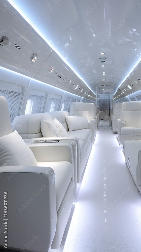 Fototapeta premium Modern private jet interior illuminated with cool blue ambient lighting
