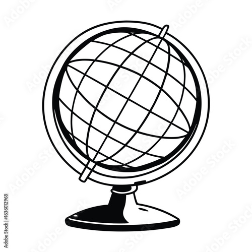 A simple black and white line art illustration of a terrestrial globe on a stand. This vector icon with a grid is perfect for educational, travel, and global concepts.
