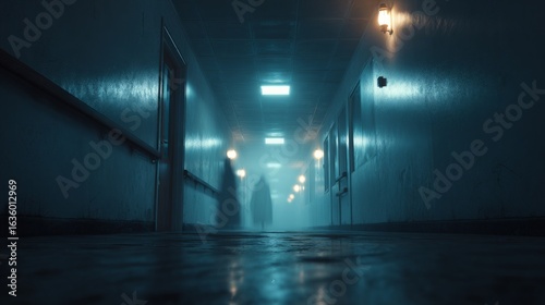 Dark Hospital Corridor with Silhouette
