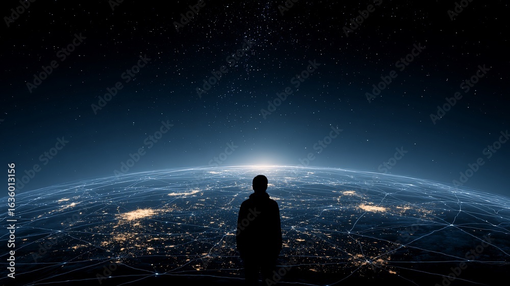 Fototapeta premium Silhouette of a person looking out over a globe with cityscape at night