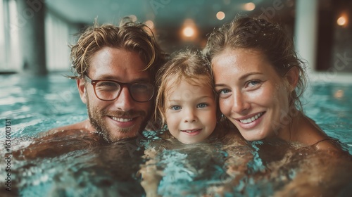 Smiling family of four in minimalist indoor pool at luxury hotel resort, clean composition