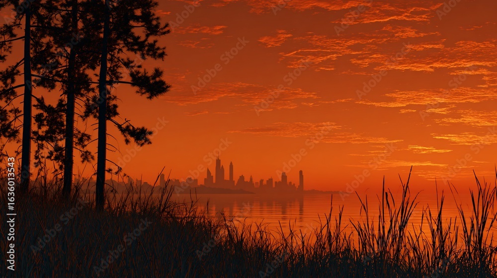 Naklejka premium Silhouetted city skyline at sunset, framed by grasses and trees
