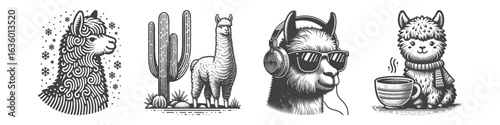 Vintage Hand-Drawn Alpaca Hearing Headphone Illustration, Modern Style Engraved Vector for Music and T-Shirt Design