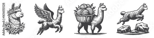 Vintage Hand-Drawn Alpaca With Wings Illustration, Fantasy Creature Engraved Vector for Mythical and T-Shirt Design