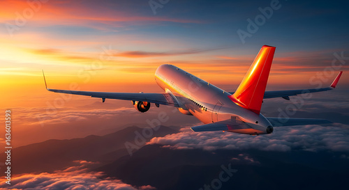 Passenger Airplane in Flight at Sunset Orange Tail.