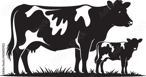 Black Silhouette of a Cow and Calf in Grass on a White Background cattle livestock