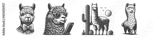 Vintage Hand-Drawn Alpaca With Cactus Illustration, Desert Farm Animal Engraved Vector for Rustic and T-Shirt Design