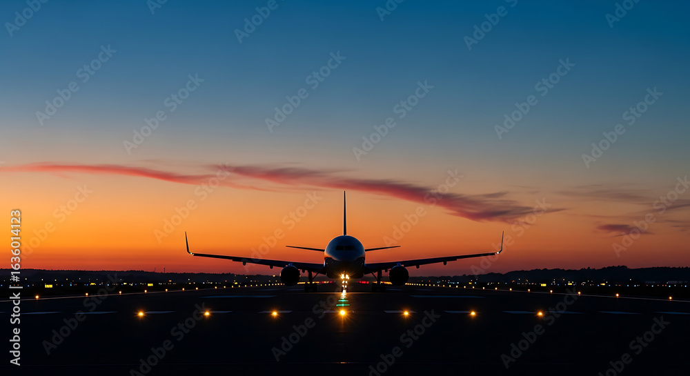 Fototapeta premium Passenger Airplane on Runway at Sunset.