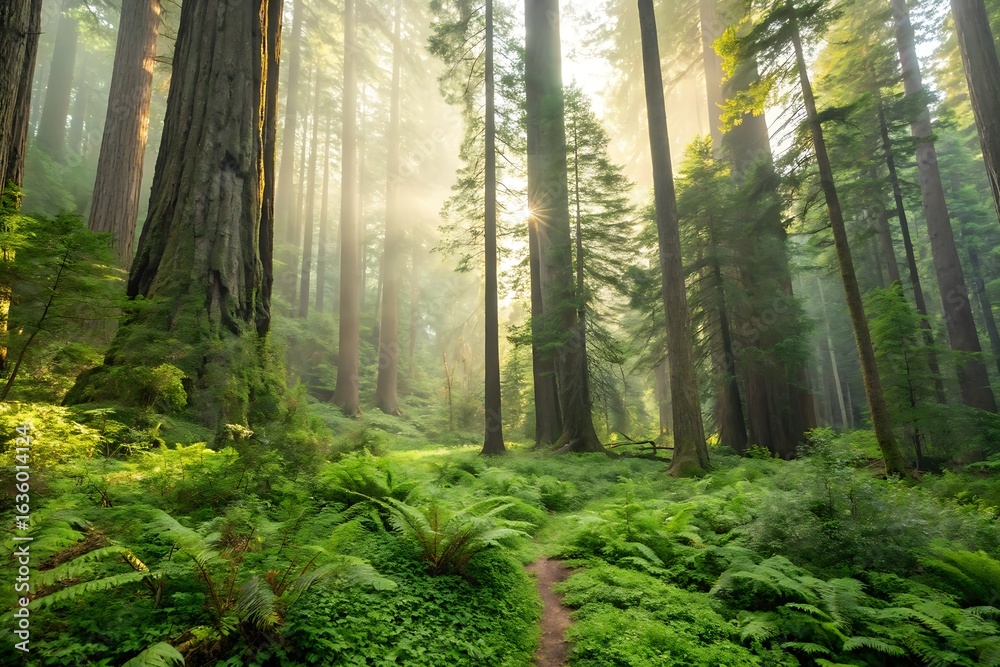 Obraz premium Misty redwood forest path bathed in golden sunlight rays