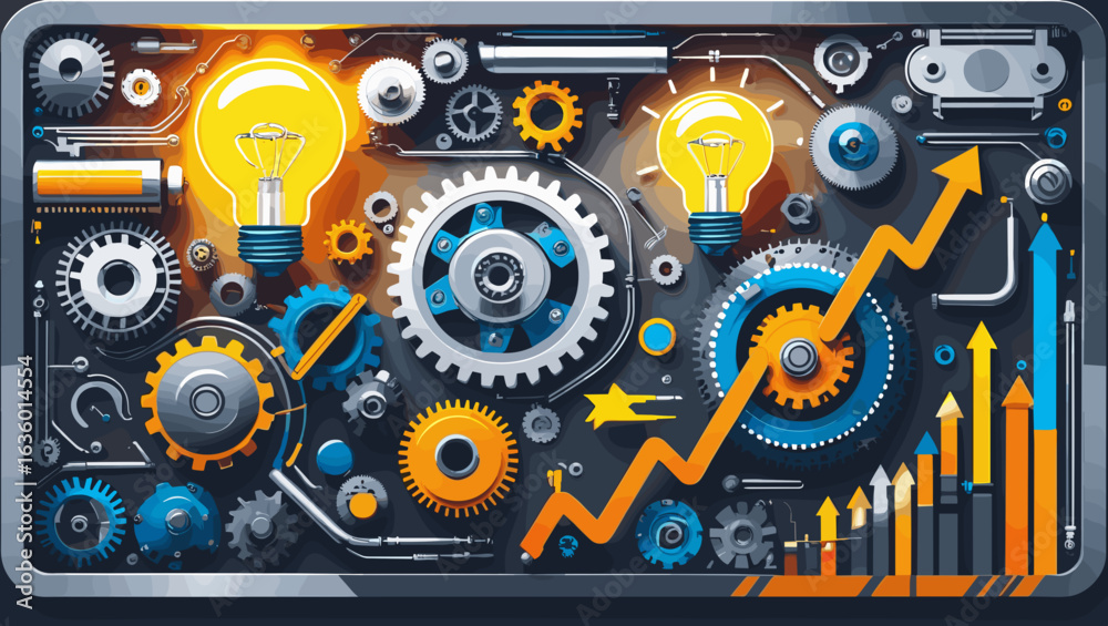 Fototapeta premium Industrial infographic with gears, light bulbs, and growth chart in a modern design