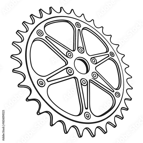 Detailed line drawing of a bicycle chainring with five spokes and a toothed outer edge on a white background