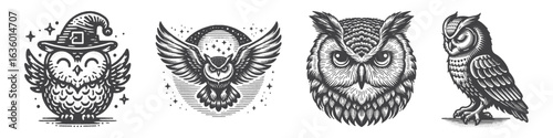Vintage Hand-Drawn Owl Wearing Witch Hat Illustration, Halloween Theme Engraved Vector for Spooky and T-Shirt Design