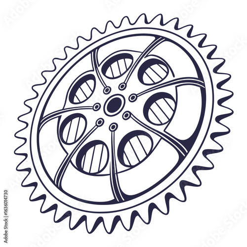 Stylized dark blue outline of a bicycle chainring with intricate spokes and a toothed edge on a white background