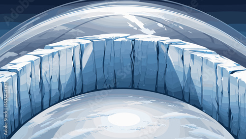 Illustration of icy world inside a dome showcasing frozen landscape and textures
