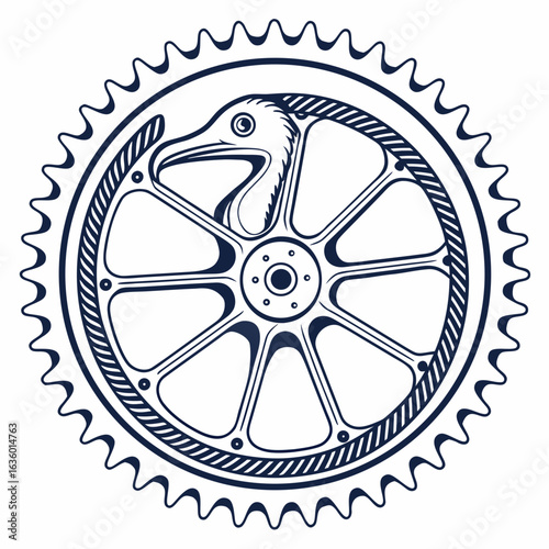 Stylized bird head emerges from the center of a dark blue bicycle chainring with intricate spoke design