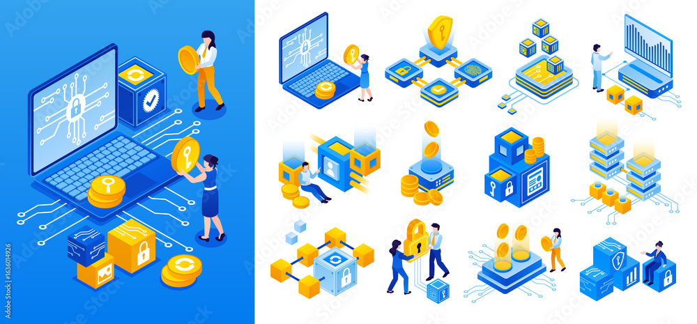 Fototapeta premium Secure Blockchain and Digital Asset Technology Isometric Original Collection