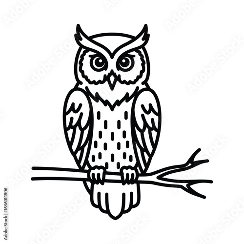 Illustration of an owl on a branch isolated on white background, a symbol of wisdom and nocturnal nature, representing wildlife and forest creatures