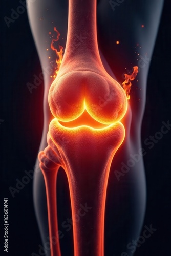 Abstract burning knee joint, bright damaged texture, burning, damaged