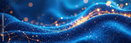 Abstract blue canvas, golden accents, glowing curves, blurred lights , glamour, smooth, cosmic