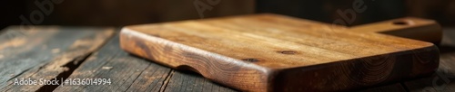 Aged wooden cutting board on dark brown table, perspective view ,  backdrop,  surface