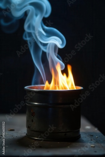 Controlled burn in a metal container, smoke rising, safe, minimal, cleanup