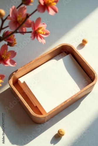 Empty notecards, casket-shaped tray, dried blooms, sunlit shadows, neutral backdrop, wooden, rustic