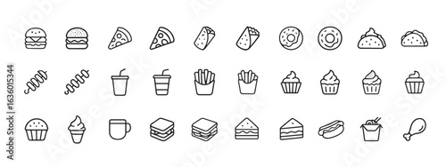 Fast Food Popular outline icons Set and Snack Items Including Burgers, Pizza, Tacos, Donuts, Fries, Cupcakes, Sandwiches, Drinks, Ice Cream, Asian Takeout, and More