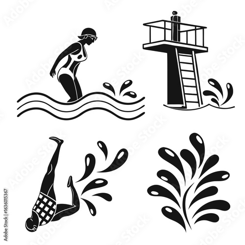 Set of stylized black and white icons depicting swimming pool activities and water splashes