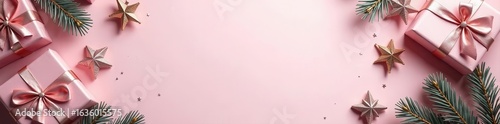 Luxurious pink & rose gold Christmas border Silver pinecones & wrapped gifts surround central space , copy space, festive, silver and pink christmas