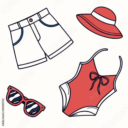 Collection of summer beachwear and accessories including swimsuit shorts hat and sunglasses