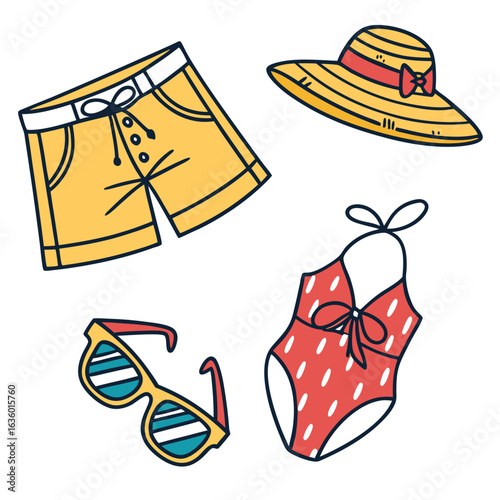 Collection of summer vacation clothing and accessories including shorts swimsuit hat and sunglasses