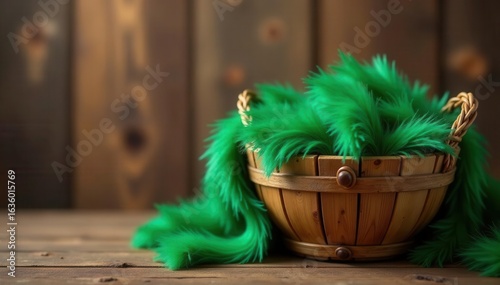 Rustic wood basket, green faux fur, wooden backdrop, photography prop, newborn, photography