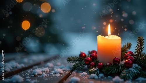 Snowfall illuminates decorated candle on wood, Advent scene, flame, cozy