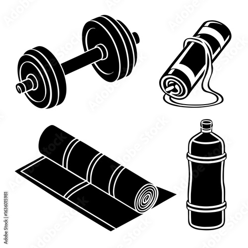 Collection of black and white fitness equipment icons including a dumbbell yoga mat and water bottle