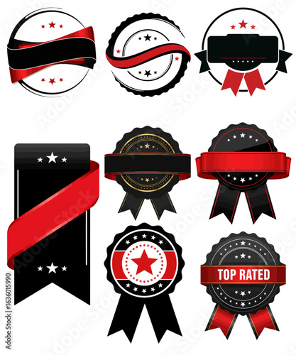 Set of top-rated award badges and quality seals with red and black ribbons. Vector graphic elements for promotion.