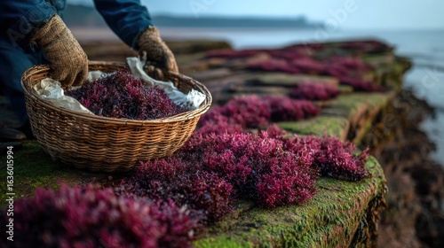Freshly harvested dulse on a coastal rock ledge at low tide under a white horizon