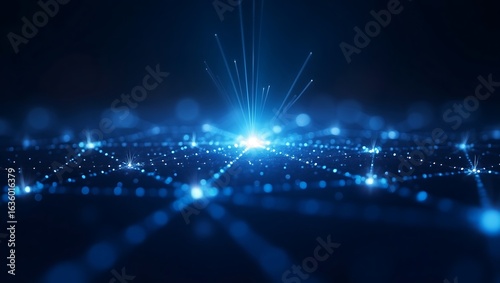Futuristic technology concept with a glowing digital network and data stream on an abstract blue grid background