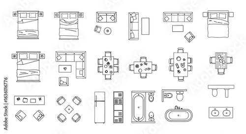 This collection of minimalist outline icons provides essential top-view furniture and household item symbols for architectural blueprints and interior design layouts.