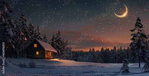 Romantic scene of illuminated cottage in winter made, vector winter wonderland night background with Generative AI