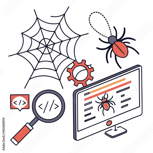 Computer screen displays a spider on code with a magnifying glass and spider web symbolizing debugging