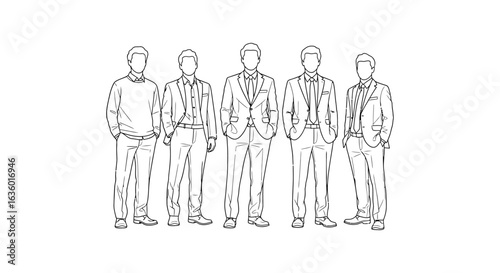 Elegant line art illustration featuring five diverse faceless men in a row, showcasing a range of modern formal and semi-formal fashion styles and dress codes.