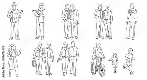 A versatile collection of black and white line art illustrations featuring diverse people, including professionals, couples, and families, ideal for architectural design.