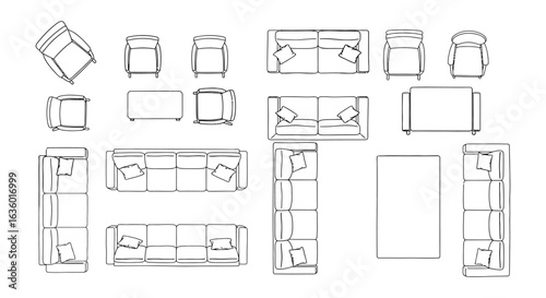 Detailed top-down architectural line drawings of modern living room furniture, including sofas, armchairs, tables, perfect for interior design plans.