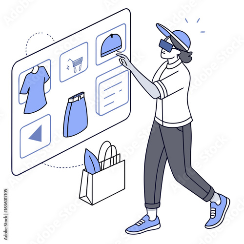 Person wearing virtual reality headset shops for clothing on a futuristic digital interface