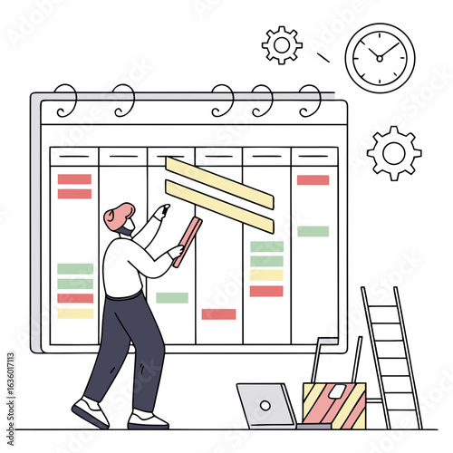 Person updating a project timeline on a large calendar with tasks and deadlines