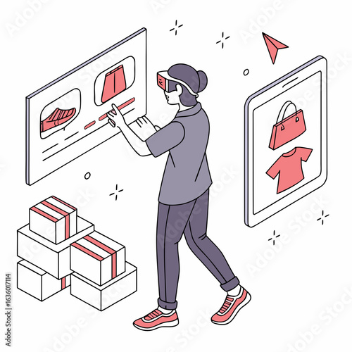 Person wearing vr headset shopping for clothes and shoes online with virtual screens and delivery boxes
