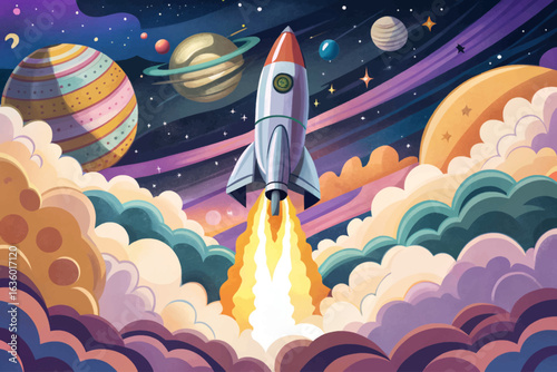 Sleek rocket ship blasting through cosmic clouds towards distant star cartoon banner background